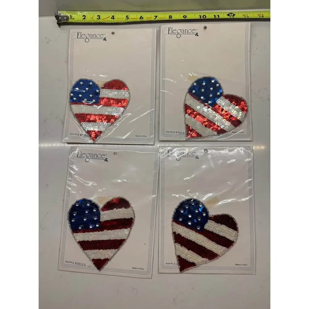 Elegance Vintage New heart-shaped sequin American Flag Appliqué patches set of 4